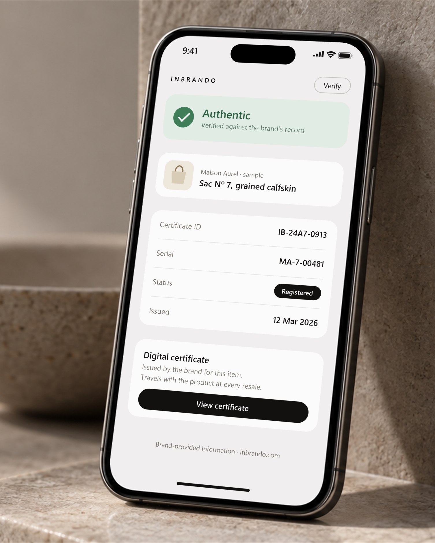 Sample InBrando verification page on a phone